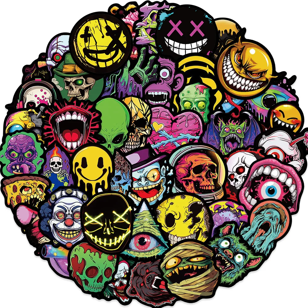 50 pçs dos desenhos animados gótico fantasma rosto crânio à prova dwaterproof água graffiti adesivos para capacete bicicleta mão conta lápis caso decalques lanlantic