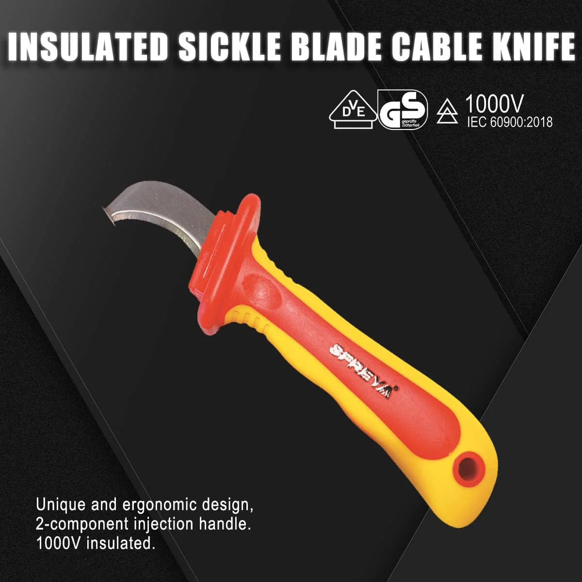 SFREYA S617B Insulated Sickle Cable Knife, Hook Cable Knife 210mm VDE 1000V high insulation resistance, non-slip for Electrician