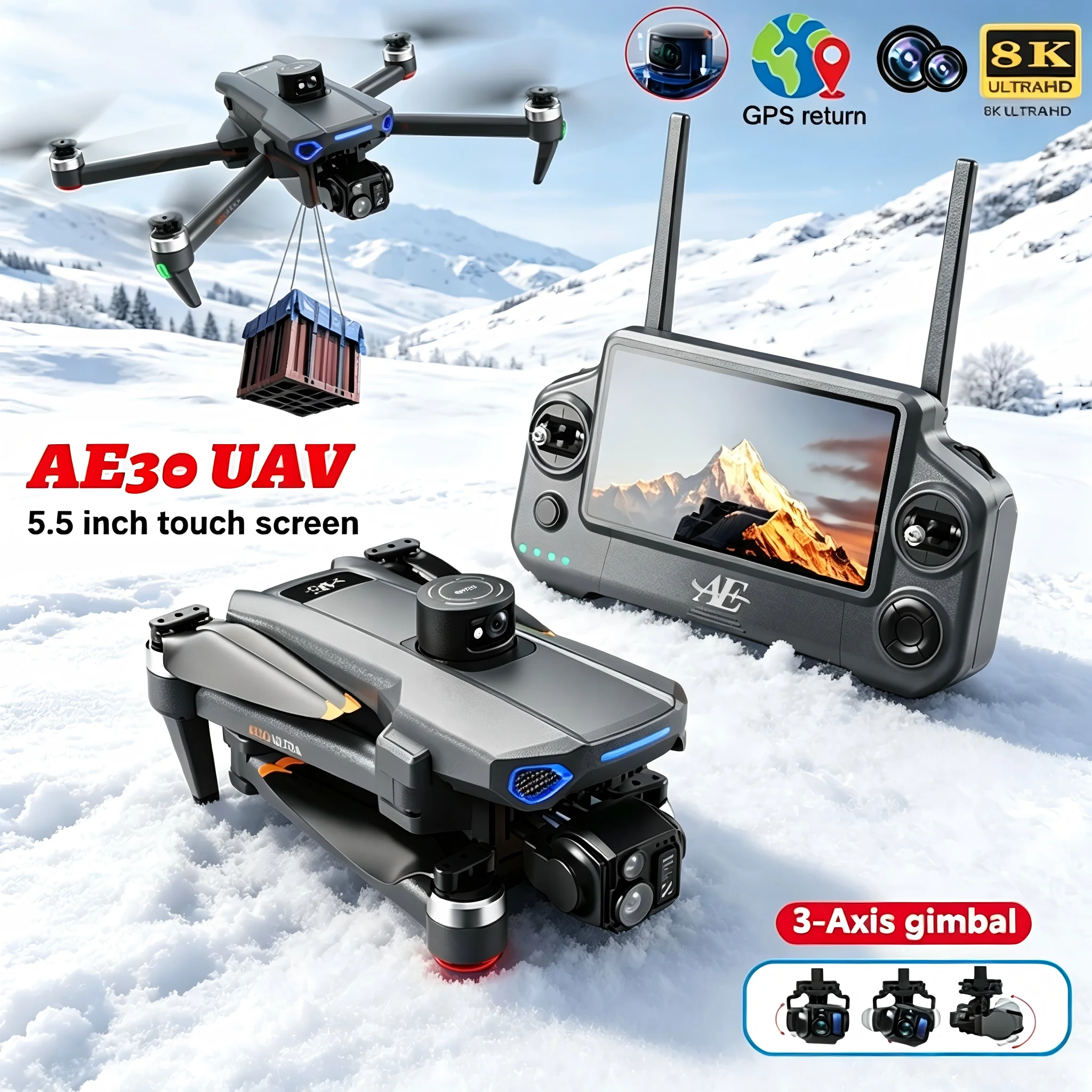 Dron GPS AE30 Profesional con Cámara 8K, Gimbal de 3 Ejes, 40 Minutos de Vuelo, 20 KM de Alcance, Sin Escobillas, Evitación de Obstáculos, Lanzamiento de Carga, Quadcopter RC