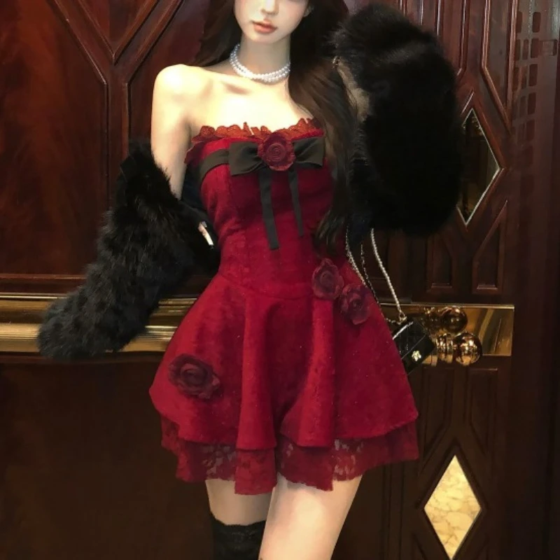 

Spring Korean Fashion French Vintage Women's Two Piece Set Red Rose Mini Dress + Black Fur Coat Chic Party Holiday Outfits 2026