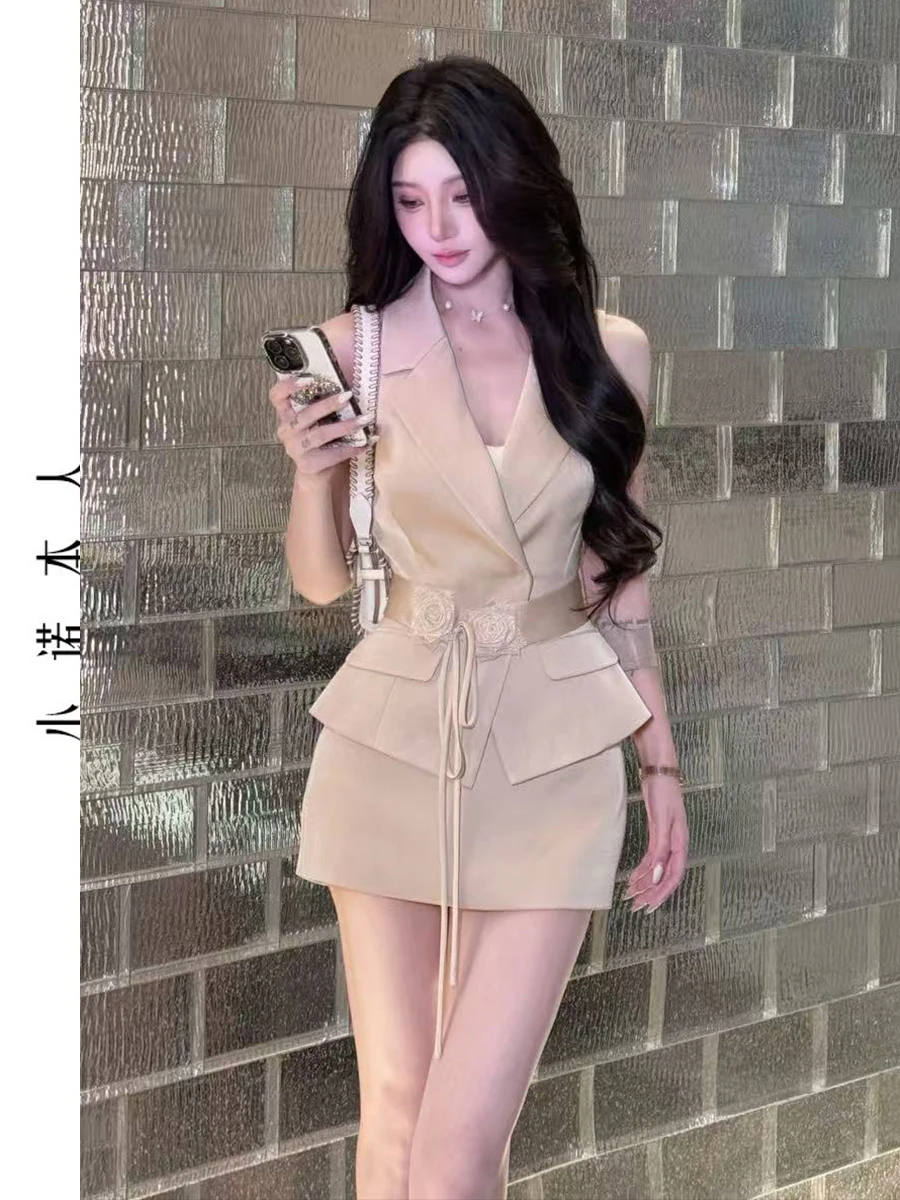 

Slim Fit Shoulder Bared Short Skirt Set Pure Desire Style High Waist Fashionable Spring Collection Women's Polyester Ensemble
