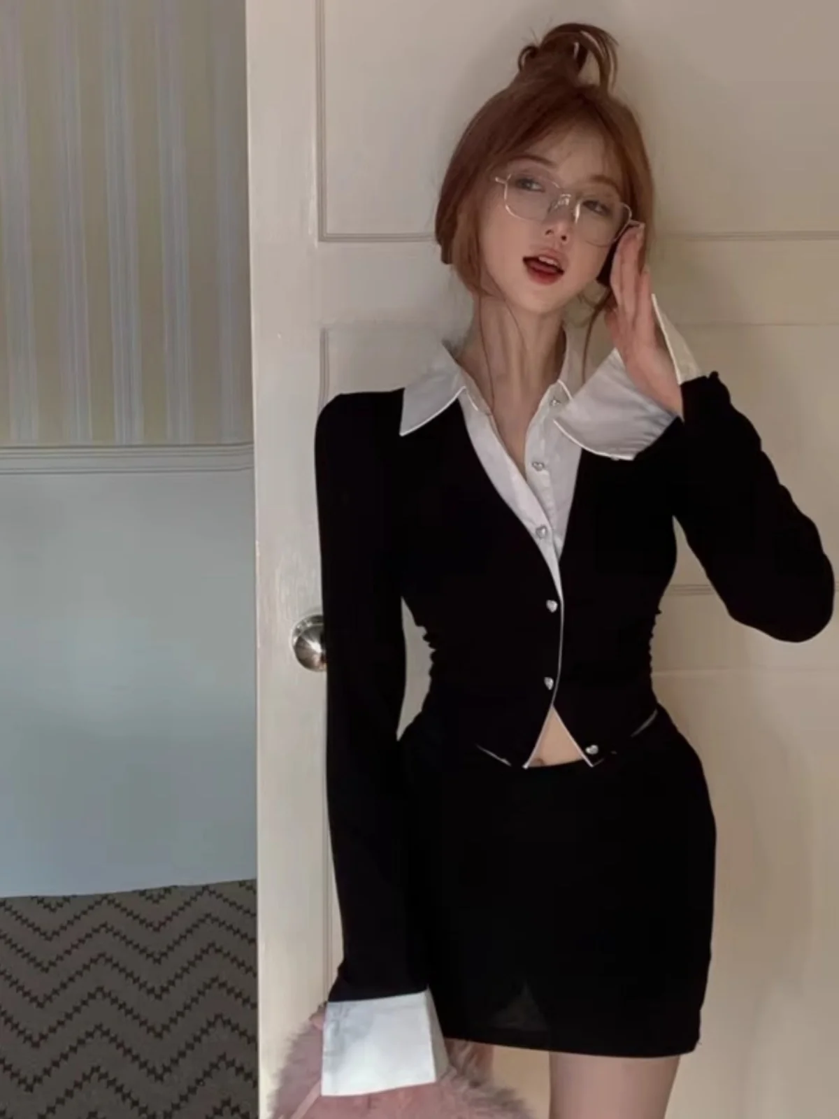 

Bla ort Sve Long irt Women's Spring New Sle Spicy Girl Color Blo Design Slim Fit ort Top Korean Sle Collar