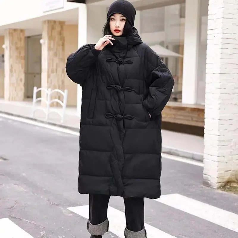 Jaket Down gaya etnik wanita, jaket bertudung gesper longgar dan pelangsing panjang musim dingin