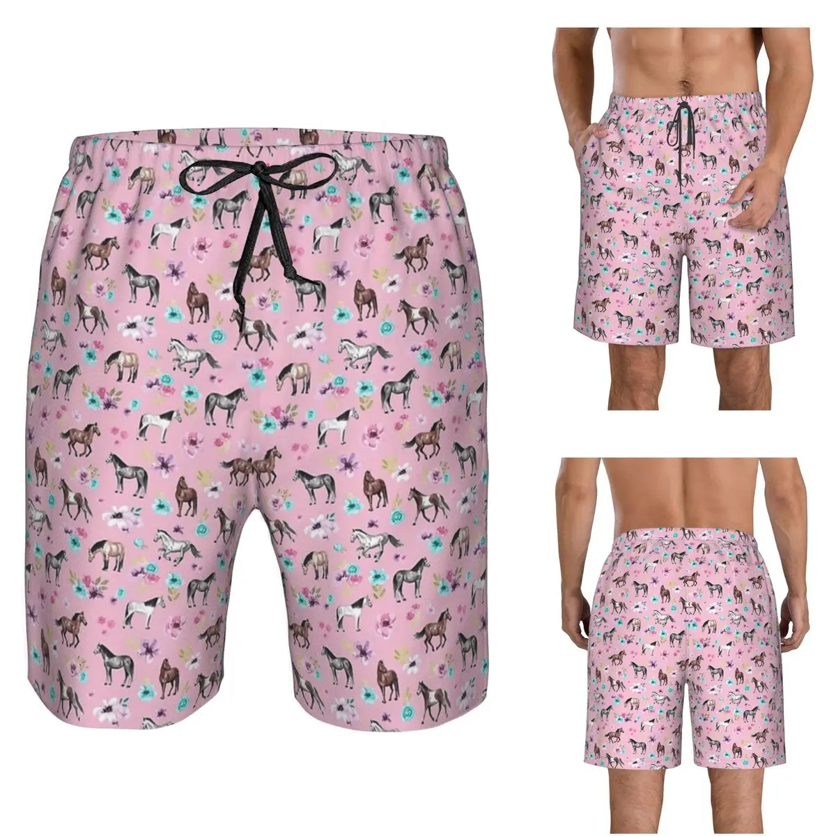 Horses And Flowers On Pink, Equestrian Art, Horse Decor Trunks Beach Board Shorts Casual Quick Dry Swim Summer Men Pants