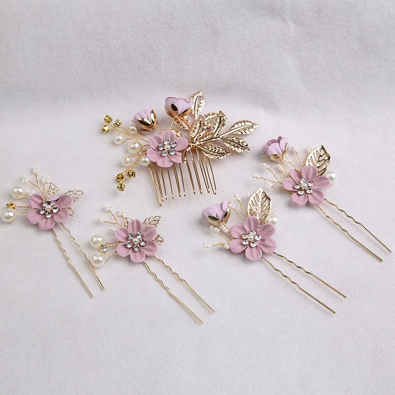 5Pcs/Set Bridal Hair Accessories for Women Flower Pearl Headpiece Tiara Wedding Barrette Clip Hairpins Bride Hair Combs Ornament image 6