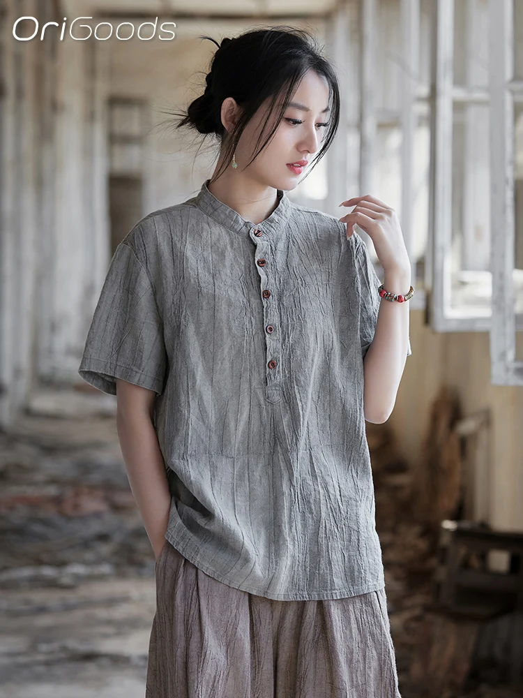 

OriGoods Tie Dye Short Sleeve Shirt Woman Vintage Cotton Ramie Summer Blouse 2025 New Thin Fabric Cool Top Linen T Shirt B215