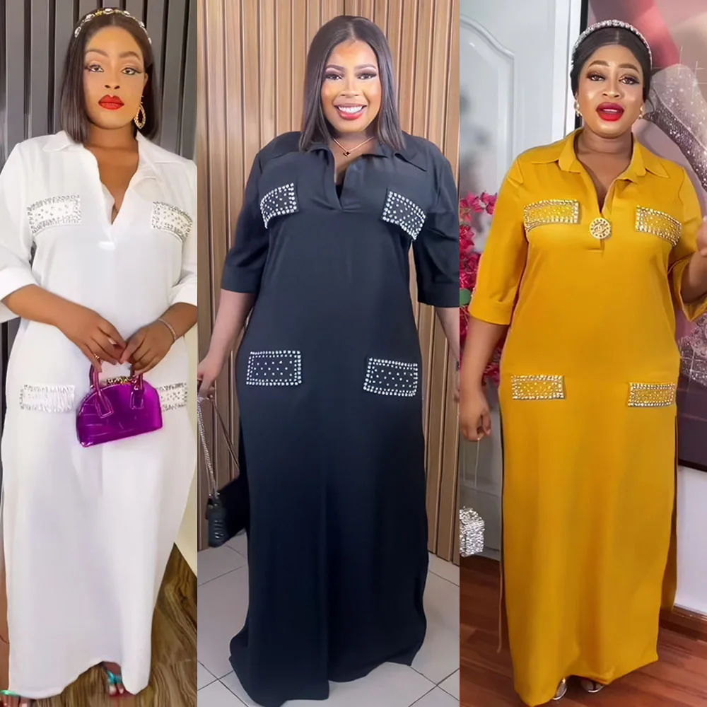 

Women African Diamonds Maxi Dress Plus Size Split Hem Casual Outfits Ankara Dashiki with Brooch Dubai Abaya Kaftan Robe Dresses