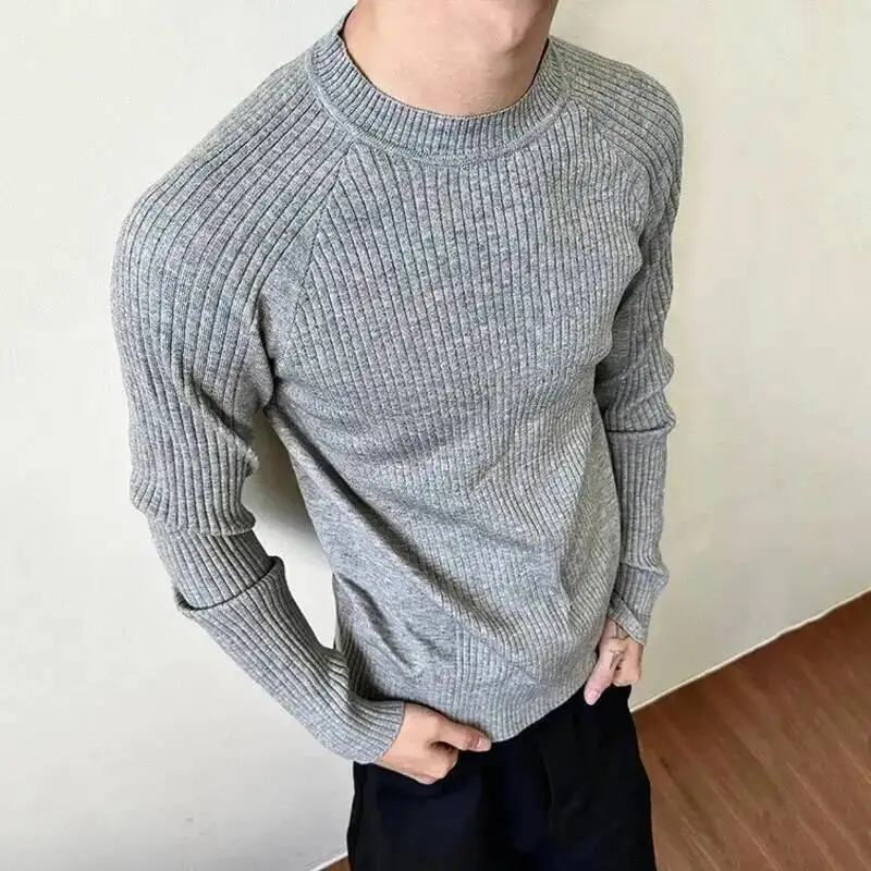 Pit Strip Design Men's Tees Long Sleeved Casual Knitting Round Collar Tops Slim Solid Color Male T-shirts Summer 9WIGH9