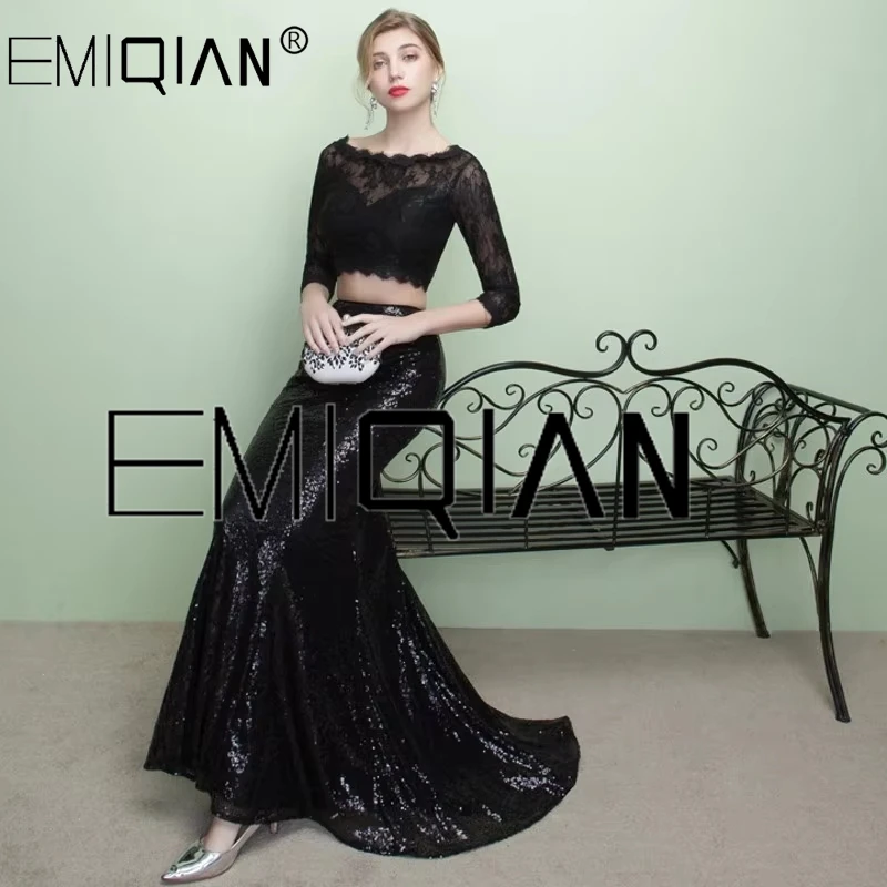 Designer Open Back Formal Prom Party Dress 2 Piece 3/4 Sleeve Black Sequined Lace Mermaid Long Evening Dresses robe de soiree