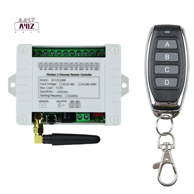 A41Z-DC 12V 24V 36V 10A 433Mhz 4 Channel Wireless Relay RF Remote Control Switch Receiver+4CH Transmitter