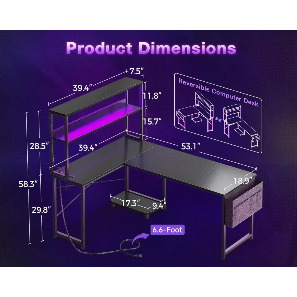 مكتب ألعاب على شكل حرف L مقاس 53 بوصة مع أضواء LED ومنافذ طاقة وأرفف تخزين وخطاف للمكتب المنزلي، أسود