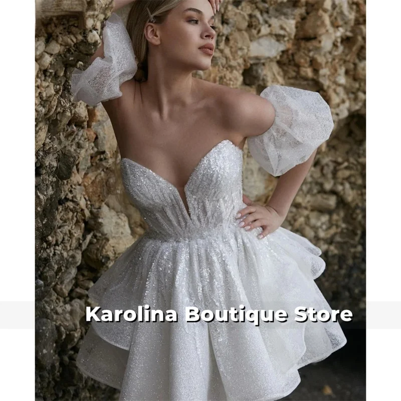 Maßgeschneidertes weißes Abendkleid mit Herzausschnitt und Glitzer, A-Linie, Mini-Kleid, abnehmbare Ärmel, formeller Abend 2025