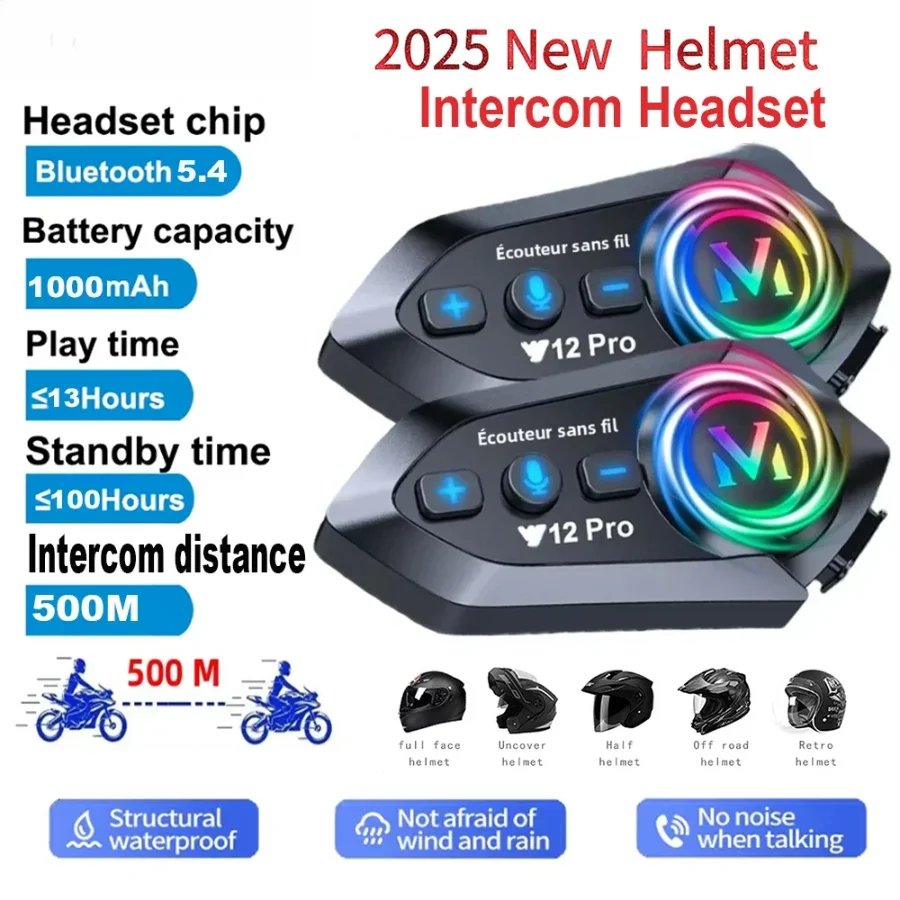 Y12 Pro Dual Mic Motorcycle Helmet Intercom Headset Wireless Hands-free Call Waterproof Music Player Speaker FM Radio Earphone