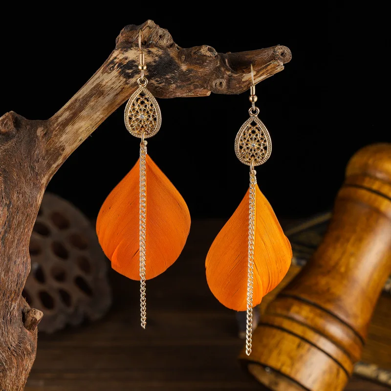 Orange Feather Earrings for Women Bohemian Vintage Water Drop Chain Tassel Dangling Earring Party Jewelry 2023 New