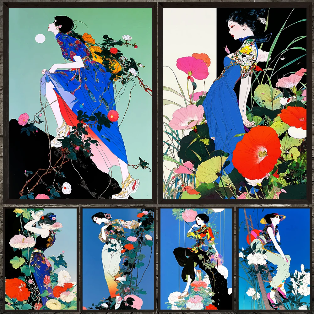 

Eastern Aesthetics With Contemporary Flair Wall Art Canvas Painting,Elegant Women And Floral Landscapes Art Poster Print Decor
