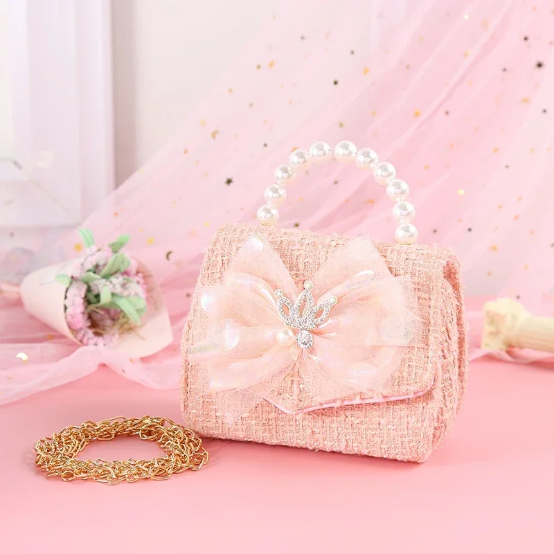 Pink Princess Crown Children Shoulder Bag Baby Girls Fashion Lace Bow Coin Purse Kids Crossbody Chain Handbag Toddler Girl Bags