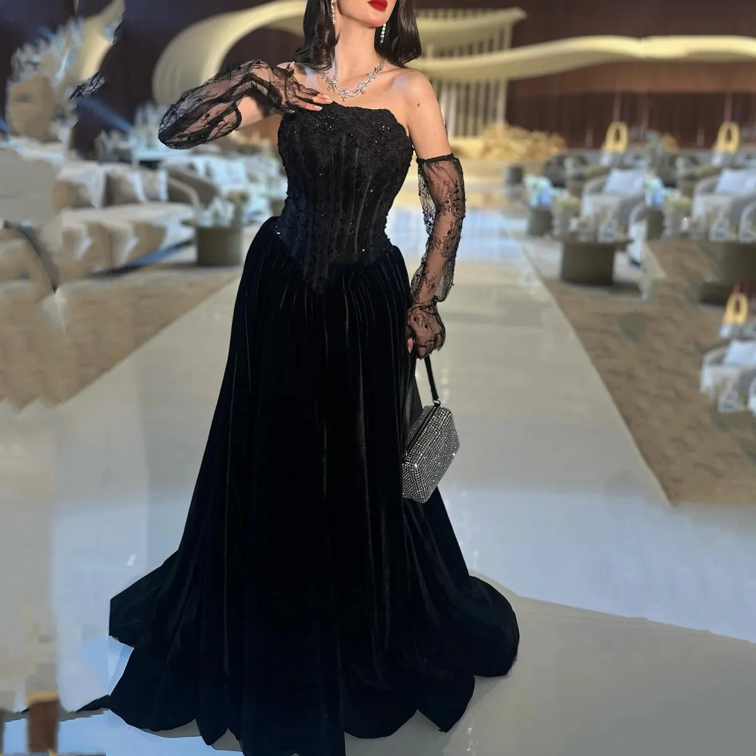 

Velvet Pearls Women Long Bespoke Occasion Gown Evening Dresses Prom Pastrol Unisex Jersey Retro Dubai Saudi Arabic Customized