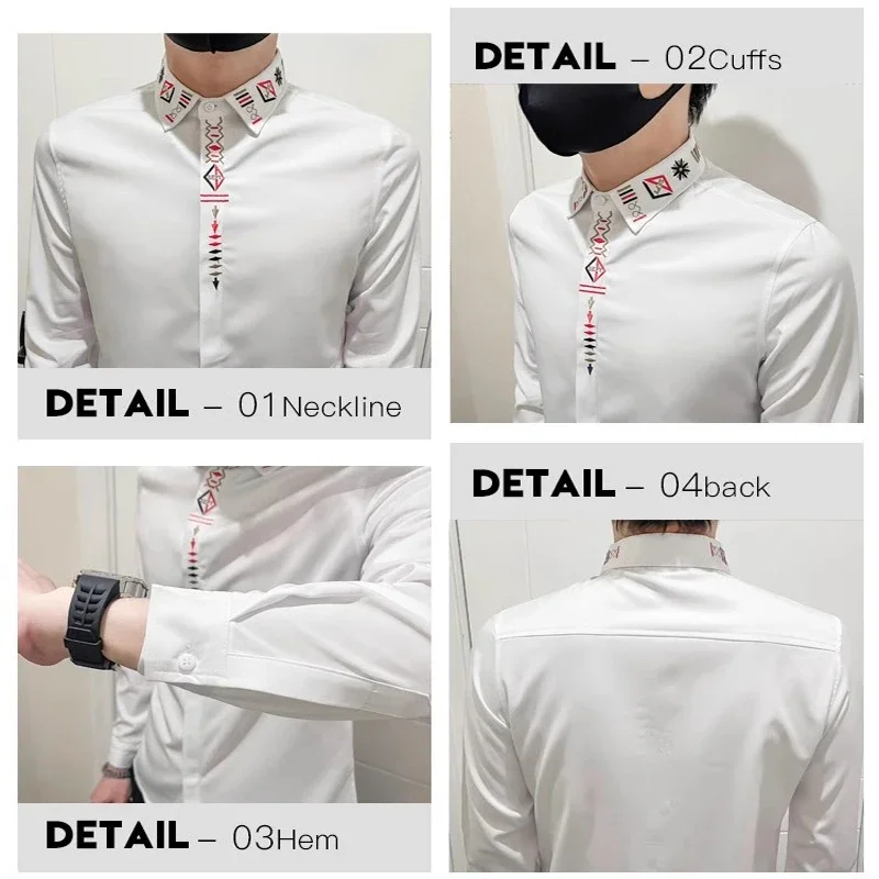 Luxury Ethnic Style Embroidery Shirts for Men Long Sleeved Slim Men\'s Dress Shirt Autumn Trendy Business No-iron Mens Clothing