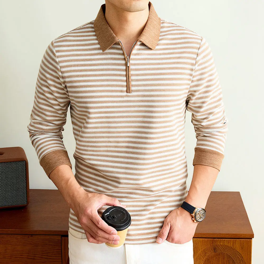 Mens Fashion Long Sleeve Polo Shirt Autumn Casual Business Lapel Tops Breathable Comfortable Polyester Slim Fit Tee