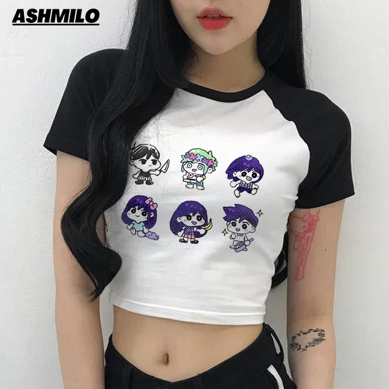 Maglietta Omori gioco stampa donna Harajuku estetica estate manica corta Crop top vestiti del fumetto coreano Harajuku giappone abbigliamento