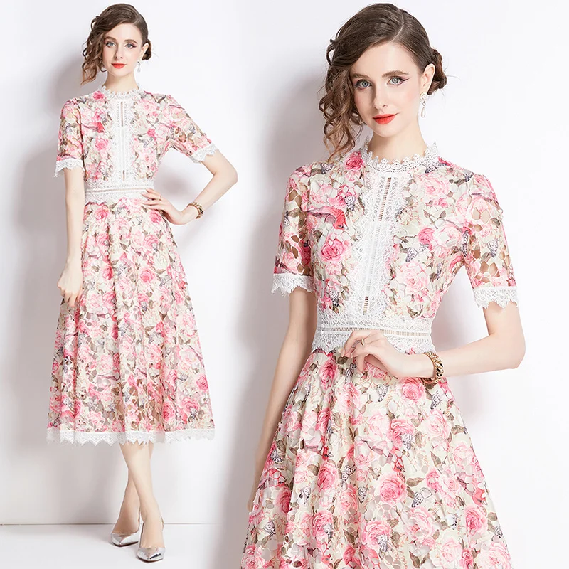 

Ele Lace Splicing Print Waist-Cinching Summer New Retro Dr High-End Women's Faion Midi Skirt ort Sve Zipper Clo...