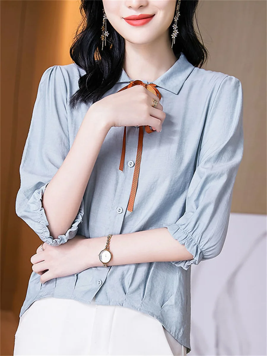 

Women Spring Summer Blouses Shirts Lady Fashion Casual Half Sleeve Turn-down Collar Solid Color Blusas Tops TT2389