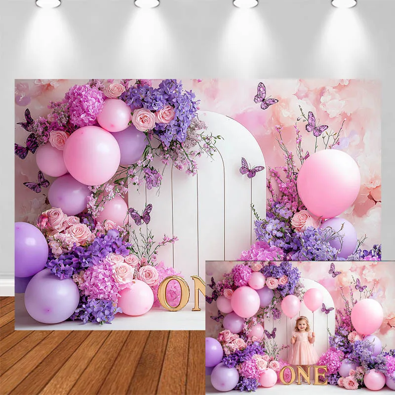 

LS Photography Background 1st Birthday Alphabet Pink Balloon Arch Floral Butterfly Decor Birthday Kids Portrait Photo Backdrop
