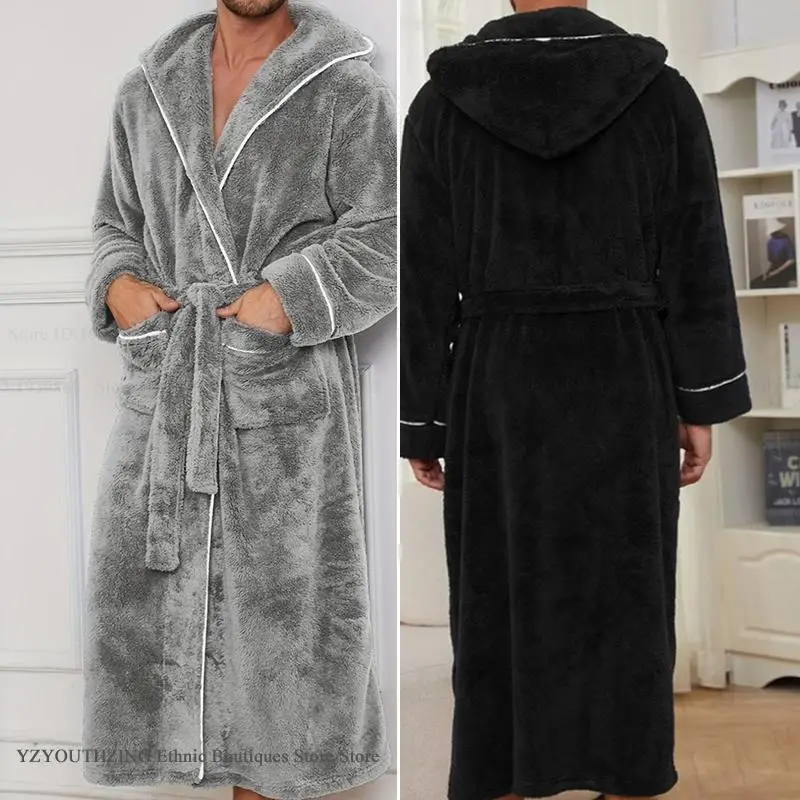 

Thicken Coral Fleece Men Long Robe Hooded Kimono Bathrobe Gown Autumn Winter Warm Male Sleepwear Loose Flannel Home Clothes