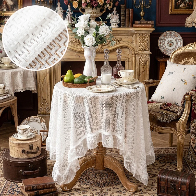 White Crochet Retro Hollowed-Out Lace Tablecloth French Ruffled Round Table Woven Tablecloth Decoration Home Table Cloths