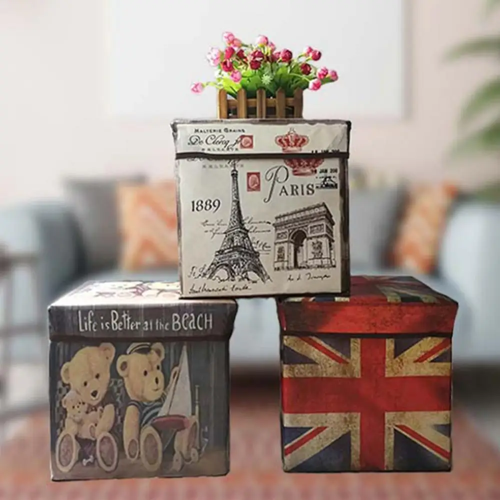 Retro Non-woven Bear Flag Print Folding Storage Decor Stool Sit Box Home Decoration