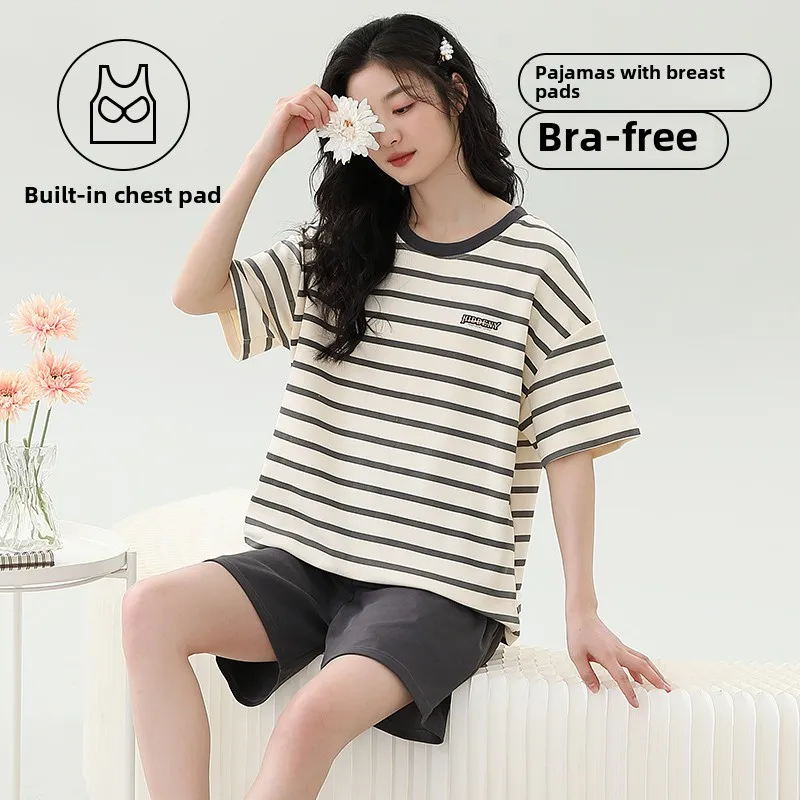 

Women's Pajamas Set with Chest Pad Summer cotton Stripe Leisure Elastic Waist Girls Sleepwear Short Sleeve Pijama Homewear Cloth