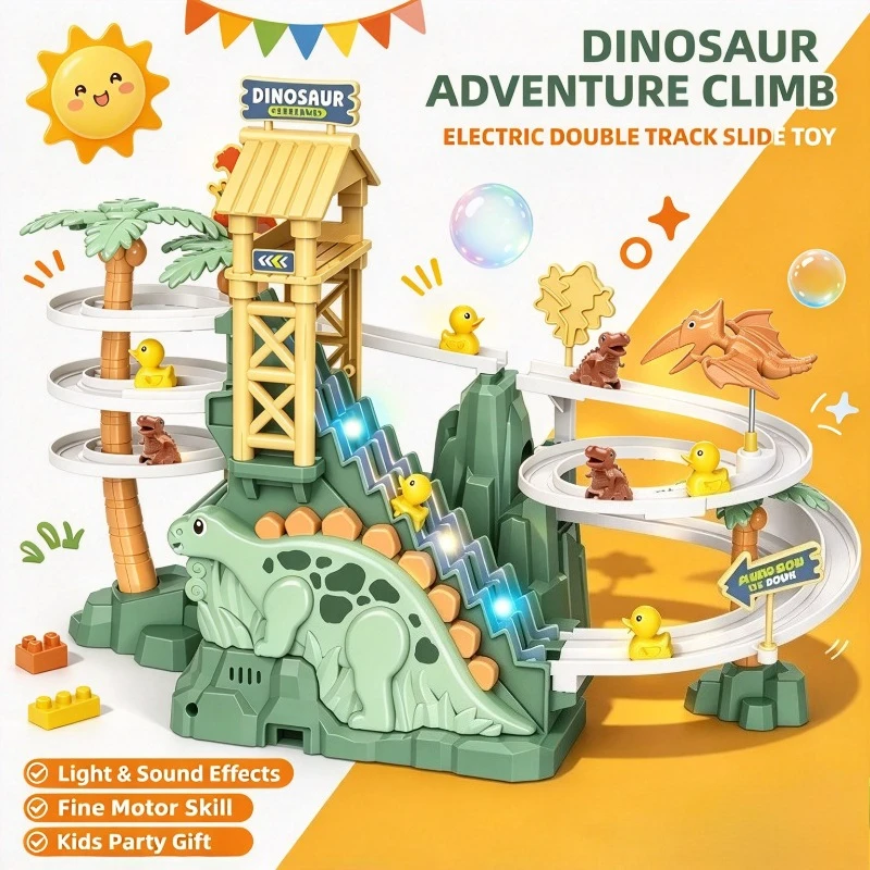 Kids Family Interactive Plaything, Electric Dinosaur Stair Climbing Model, Dual Track Slide with Acousto-optic for Learning Fun