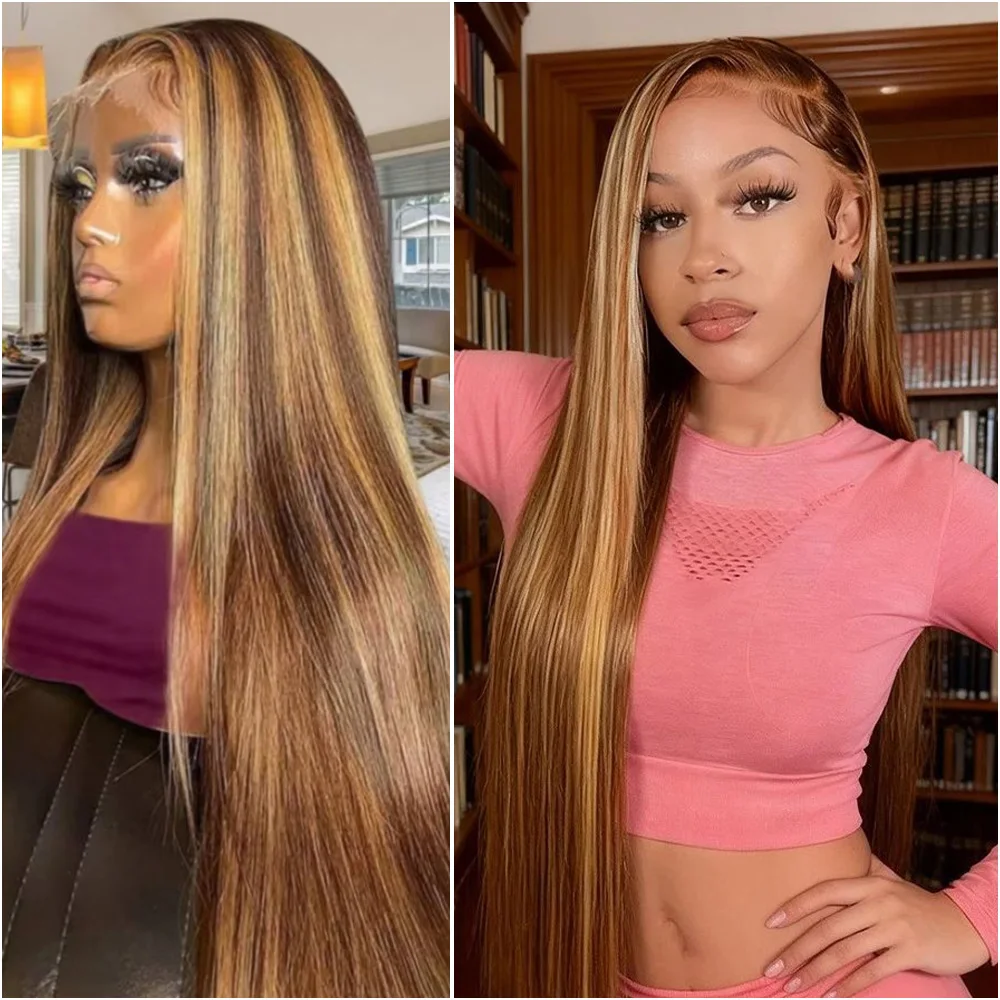 

Парик из натуральных волос с HD-кружевной фронтальной частью, 200% плотность, прямые пряди, 40 дюймов, предварительно снятая линия роста волос, цвет 4/27, бразильские волосы, 13x6, кружевные фронтальные парики