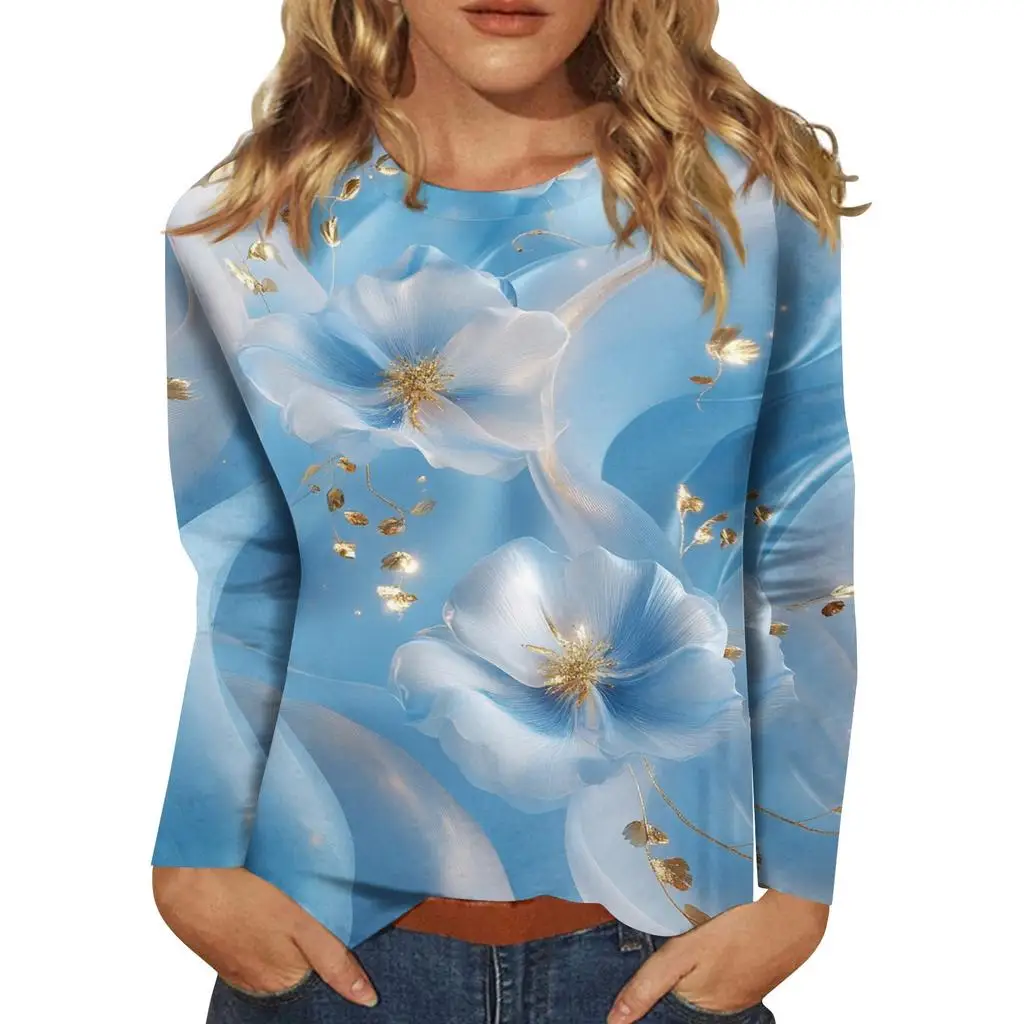 

Женская футболка с 3D маленьким белым цветочным принтом, модный топ с длинными рукавами и круглым вырезом, обычный топ для отдыха, выходных, весна и осень