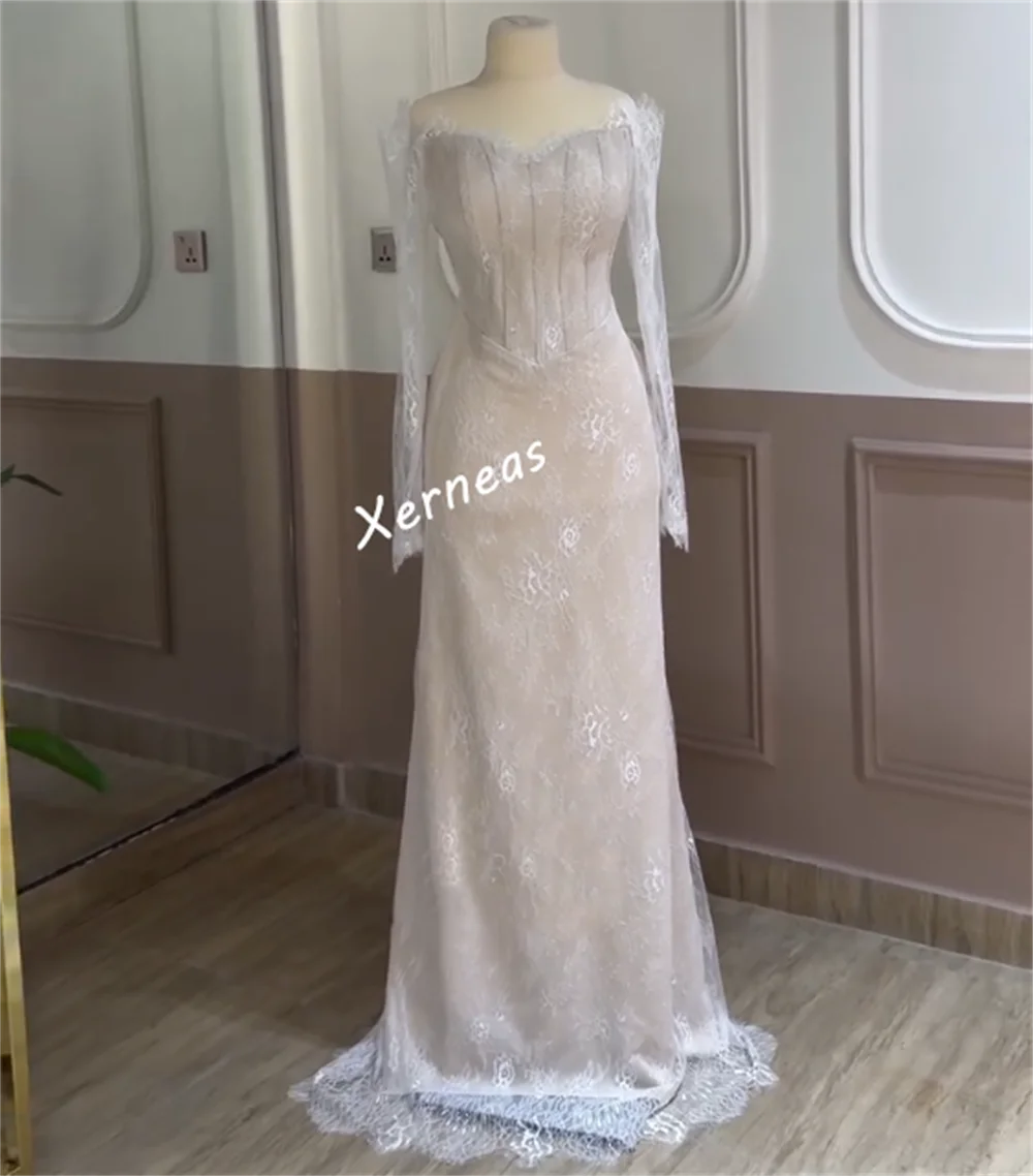 تخصيص جيرسي الدانتيل خارج على الكتف ألف خط فساتين طويلة مناسبة مخصصة امرأة أنيقة حفل زفاف جودة عالية