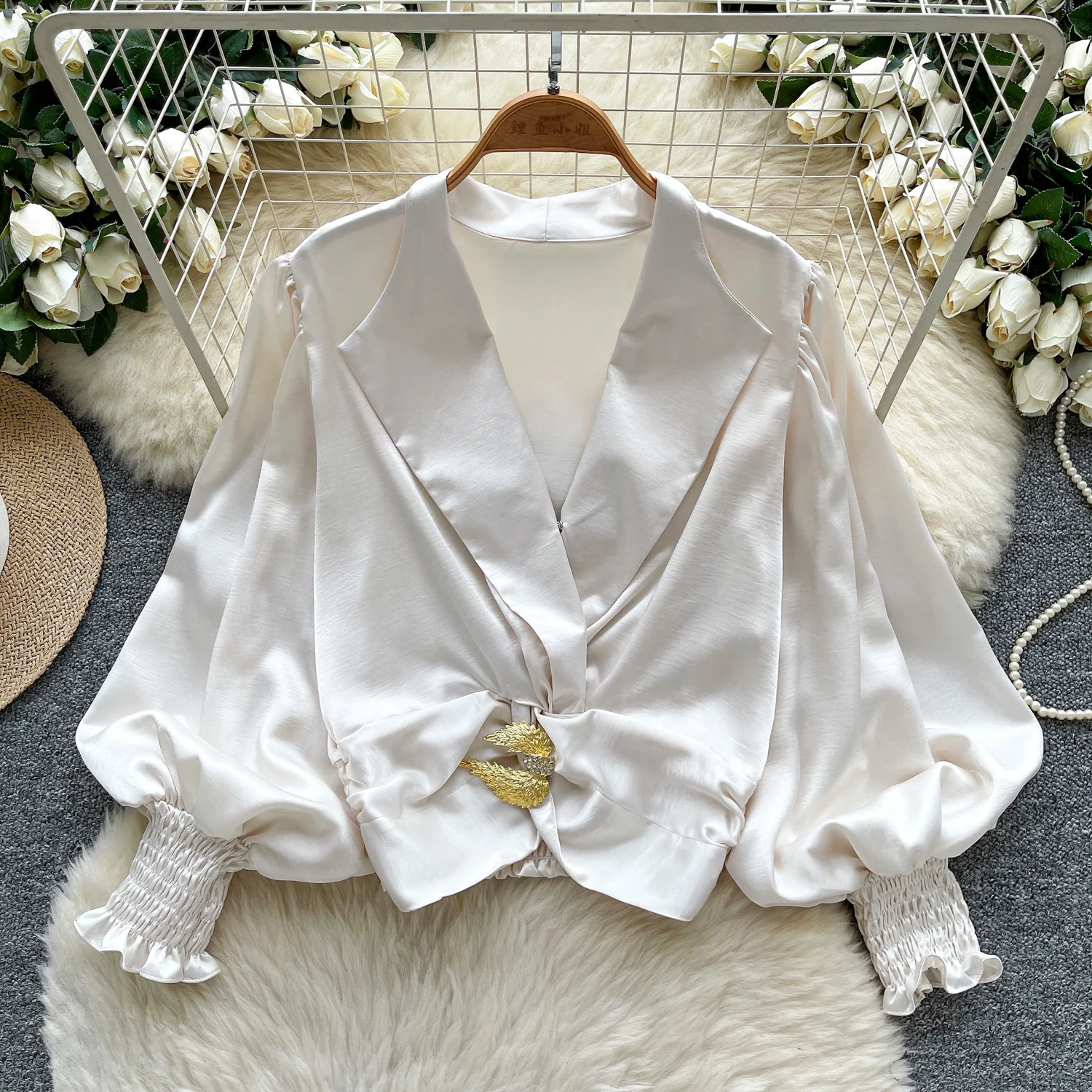 بلوزة كلاسيكية بياقة مقلوبة وأكمام طويلة مطبوعة على الموضة الأنيقة للنساء قميص hotsweet ملابس نسائية