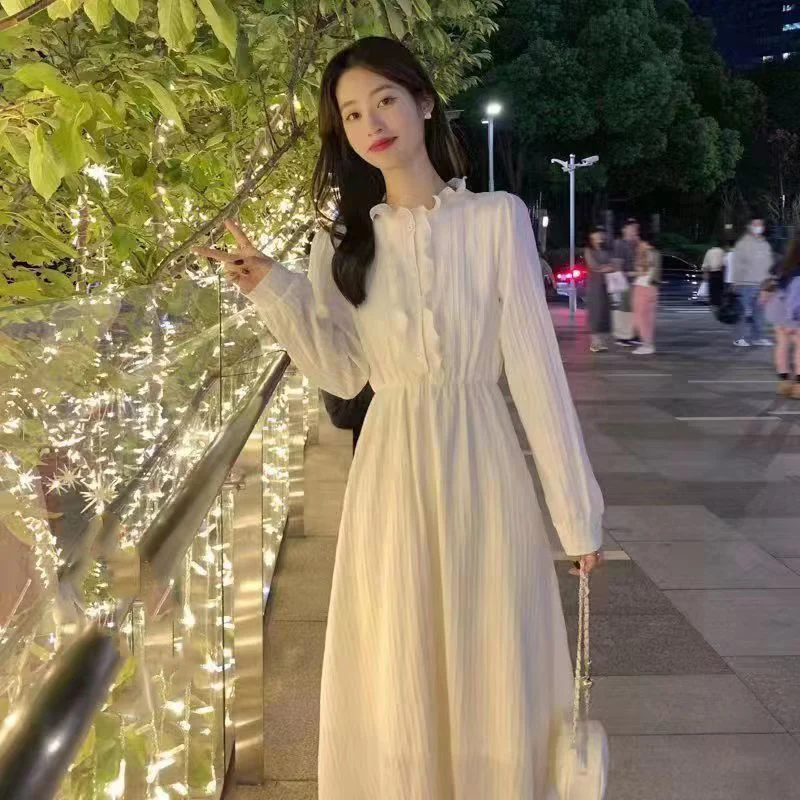 

Sweet Stand Collar Spliced Folds Ruffles Midi Dress Women's Clothing 2023 Autumn Winter Loose Solid Color Sweet Princess Dress