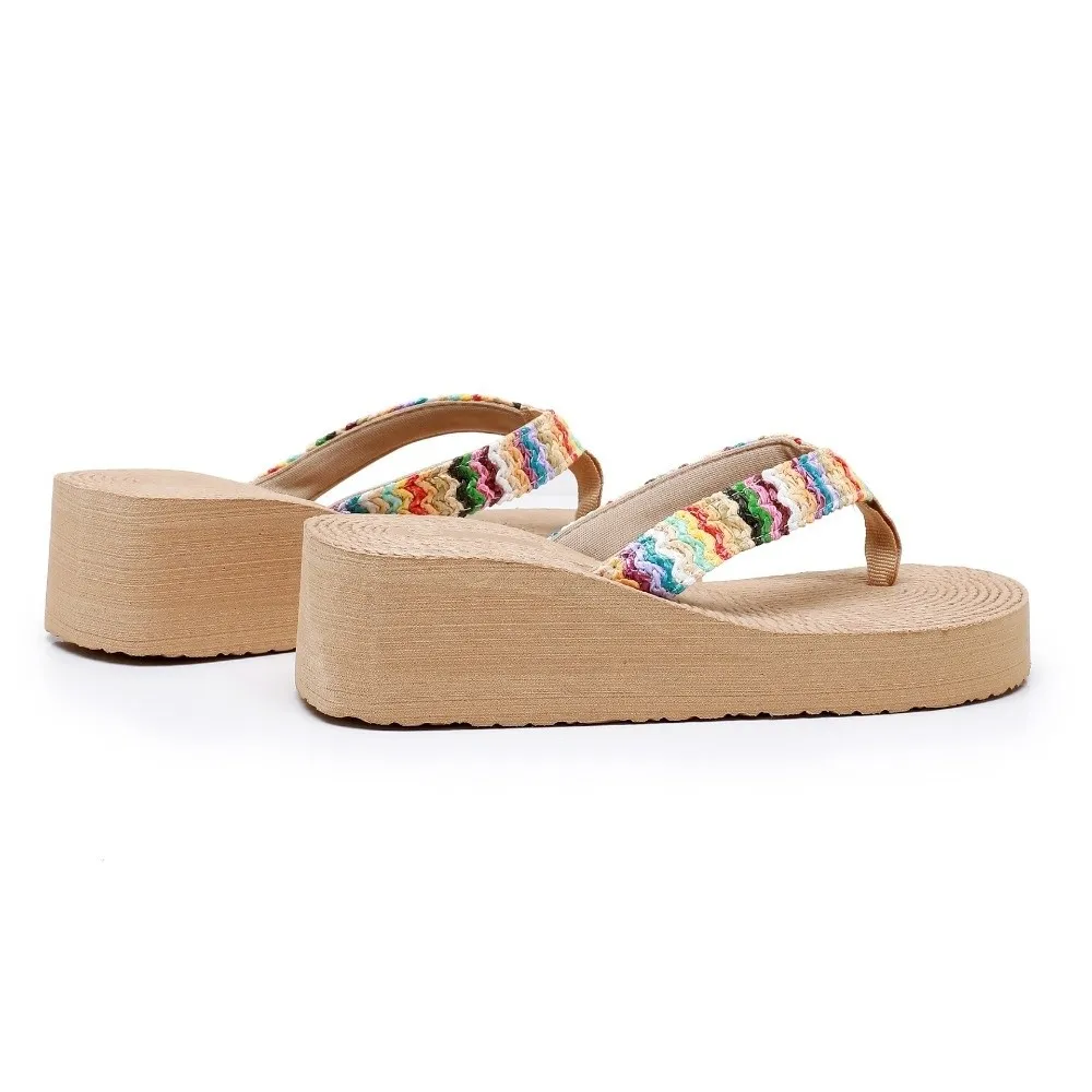 Ethnic Style Bohemian Flip Flops Wedge Heels Casual Flat Woven Flip-flops Anti-slip Flat Heel Slippers Summer