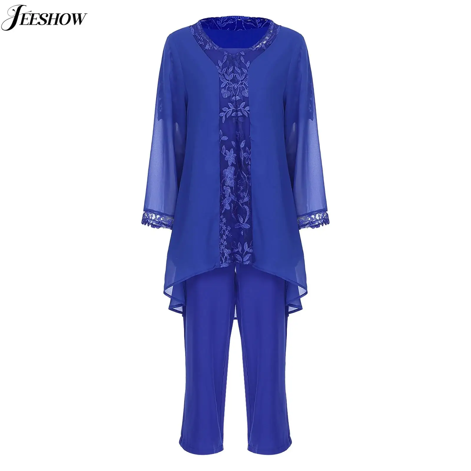 Womens Chiffon Elegant Suits Embroidered Trim Short Sleeve Shirt Long Sleeve Cardigan Long Pants Elegant Party Outfits 3 Piece