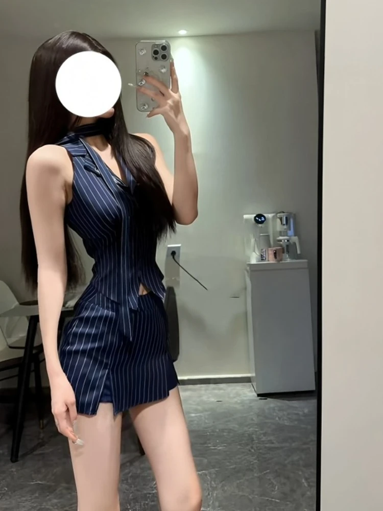Pure desire spicy girl fashion set summer sexy slim fit Polo collar striped vest hip hugging half skirt two-piece set