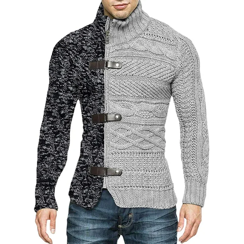 New Style High-neck Sweater for Men, Autumn and Winter Fashion Color-blocking, Leather Button Long-sleeved Knitted Cardigan Coat