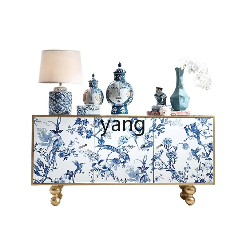 LTT， Chinese style dining side cabinet Chinese blue and white porcelain screen decoration solid wood storage medieval cabinet