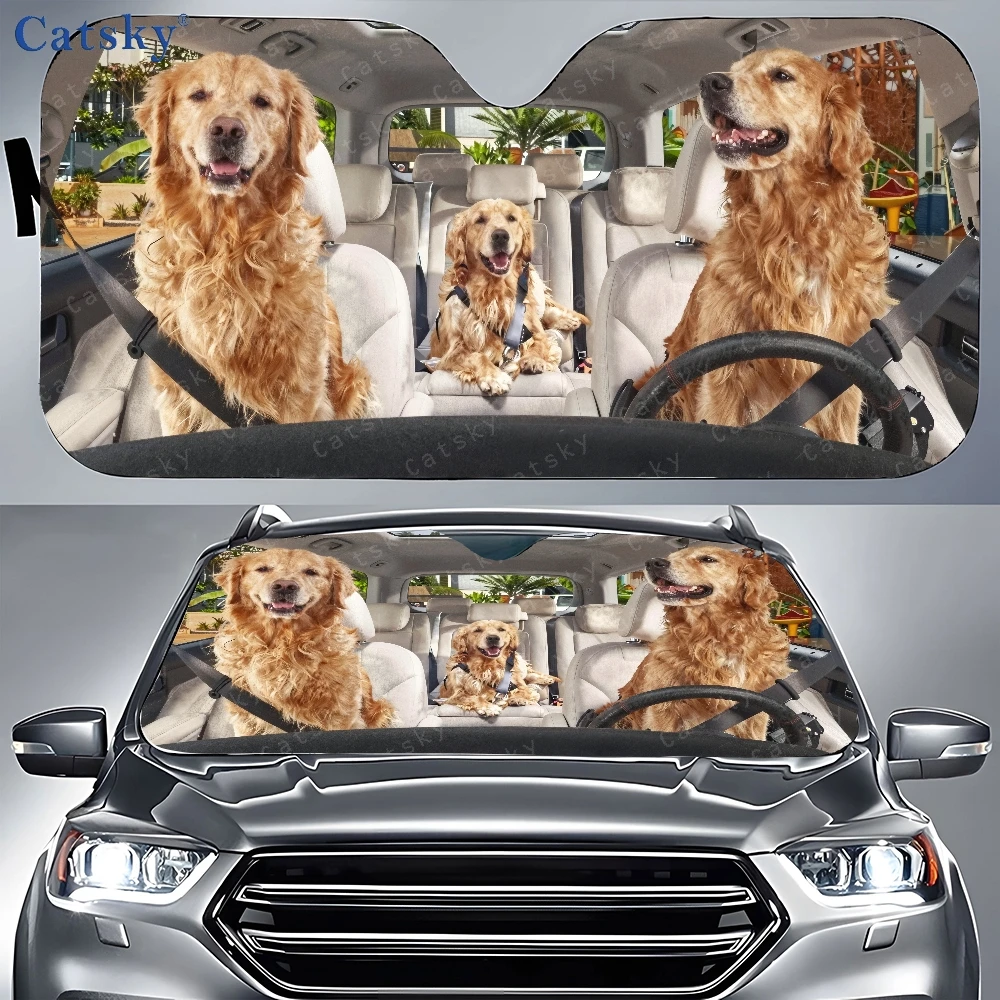 Three Golden Retrievers Are Lounging In The Rear Seat Of A Vehicle, Surrounded By Sunshades Designed For Cars, Including A Front