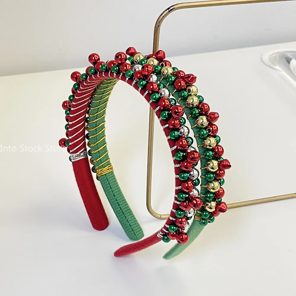 New Red Green Christmas Headband Women's Simple Thin Edges Flannel Jingling Bell Beaded Winding Holiday Hair Accessories