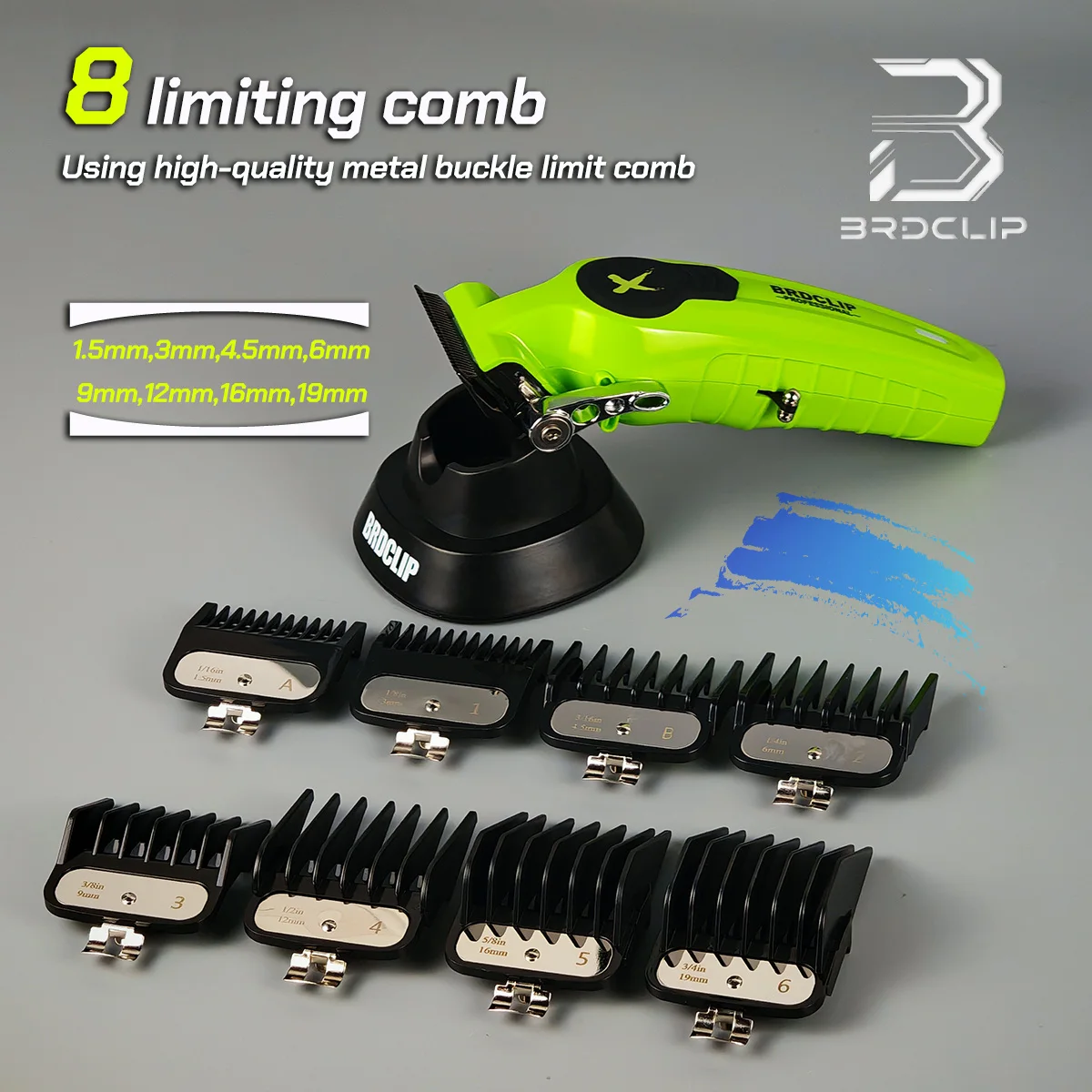 BRDCLIP BRD-FA1C Tagliacapelli ricaricabile con base professionale con lama in acciaio inossidabile DLC verde 7500 giri/min Tagliacapelli per parrucchiere