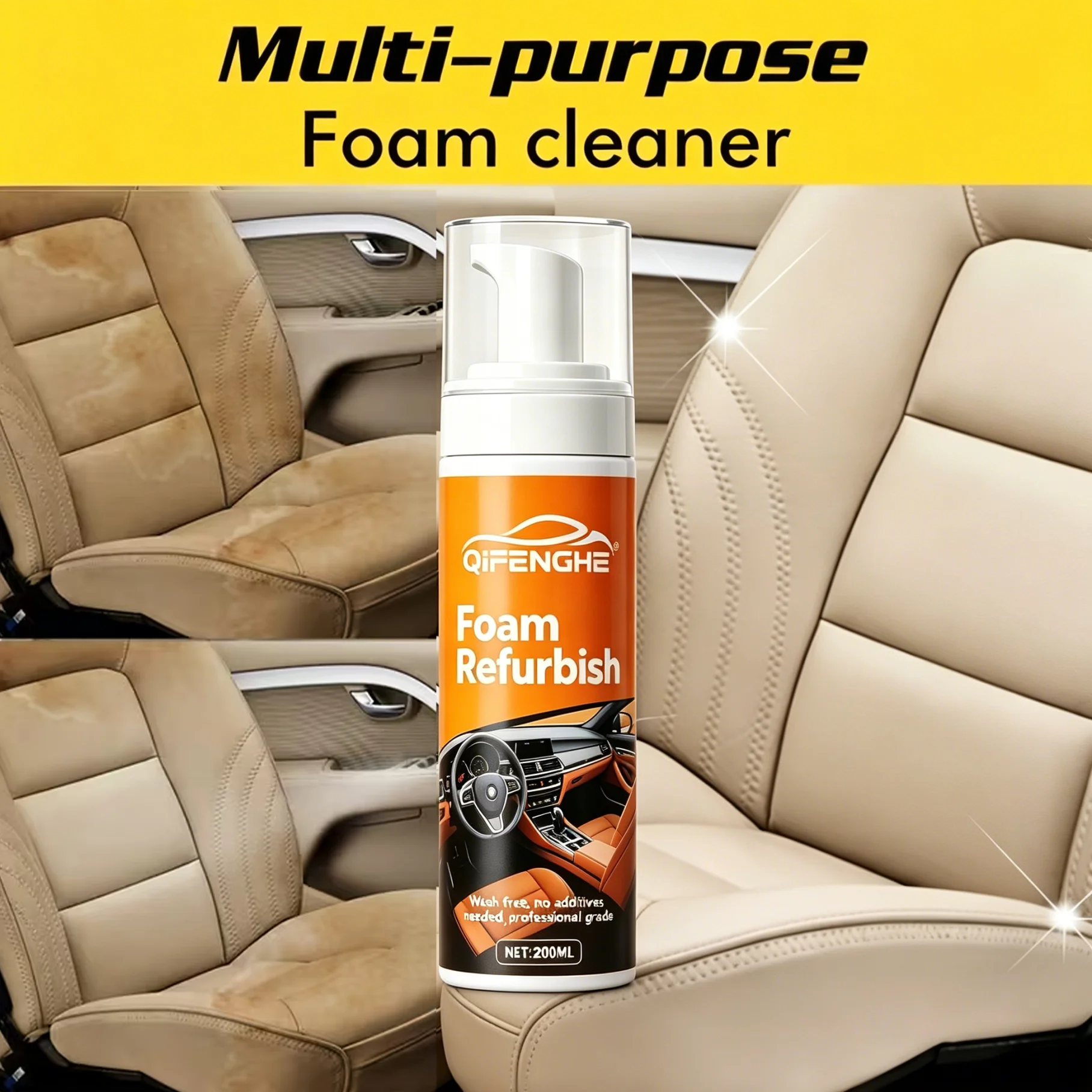 Multi-Purpose Foam Refurbish Care Spray, All-Season Surface Renovation for Cars, Homes, Offices, Gentle Neutral Long-Lasting