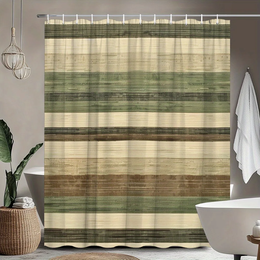 1pc Earth Tone Stripes Shower Curtain - Beige, Green, Brown Horizontal Lines Modern Bathroom Decor with 12 Hooks, 70.8x70.8 Inch