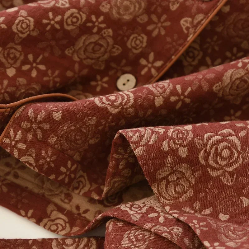 2025 春と秋の新女性のパジャマセット綿 100% ガーゼ大ジャカード長袖長ズボンツーピースホーム服