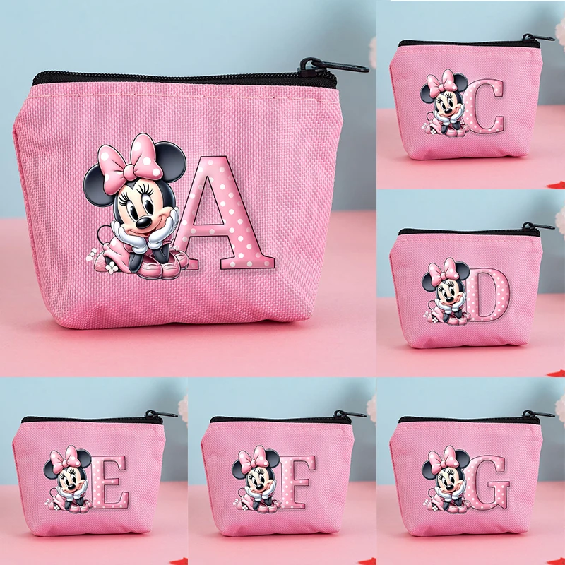 

Minnie Mouse Canvas Coin Purse Disney Kawaii Anime Figures Wallet 26 Letter Printed Storage Bag Large Capacity Stationery Bags