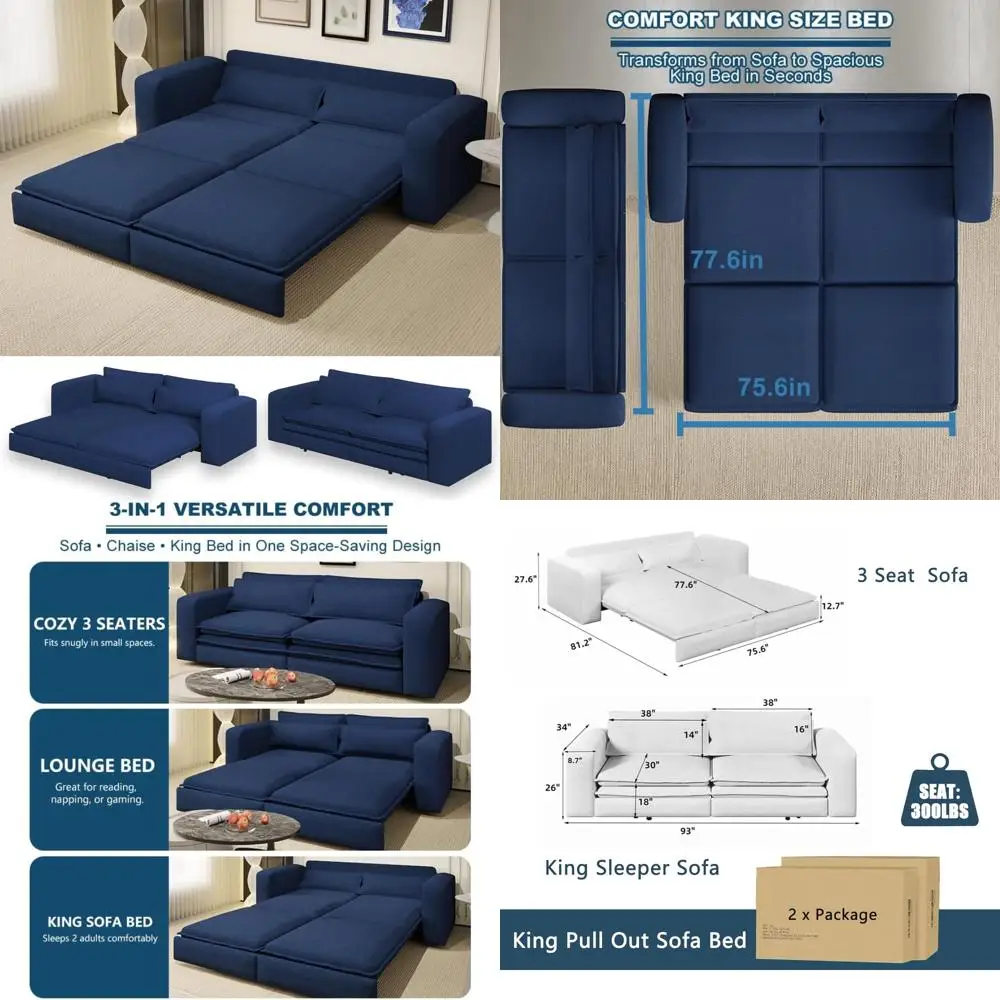 

Выдвижной диван-кровать King 93, раскладной диван-кровать 3 в 1, удобная 3-местная спальная кровать с 2 подушками, современная обивка